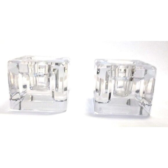 2 Vintage Clear Glass Solid Block Taper Candle Holders Indented Sides Unsigned - Picture 1 of 6